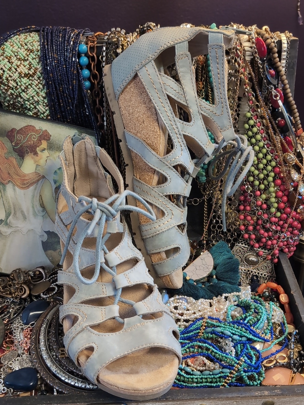 Lace-Up Leather Light Blue Gladiator Cutout Cork Wedge Sandals - Picture 2 of 12